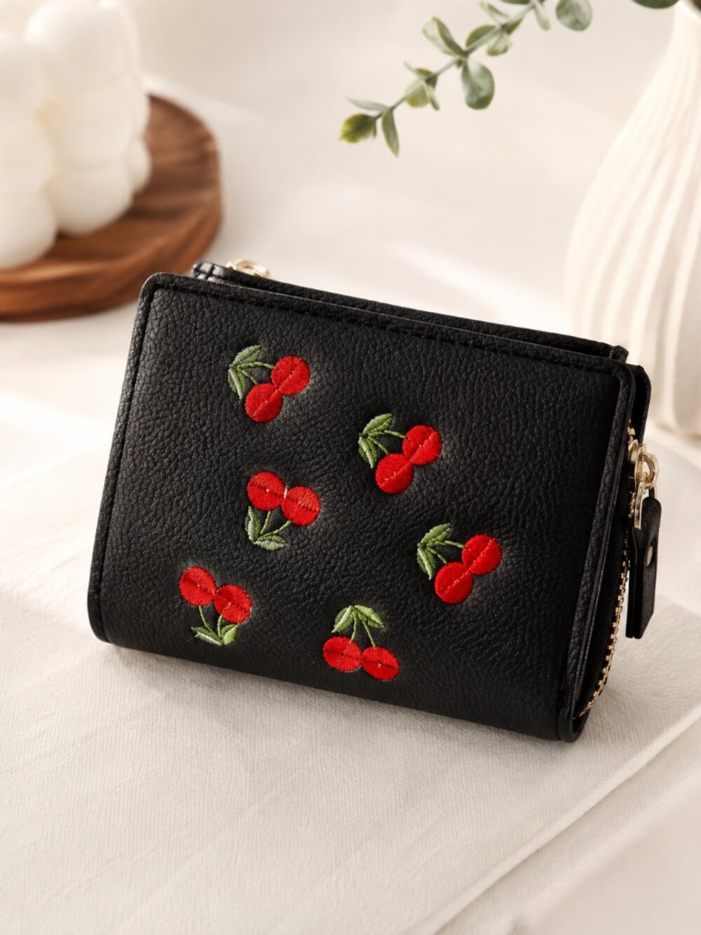 Black Cherry Embroidered Snap Wallet Zip Coin Pocket Retro NWT